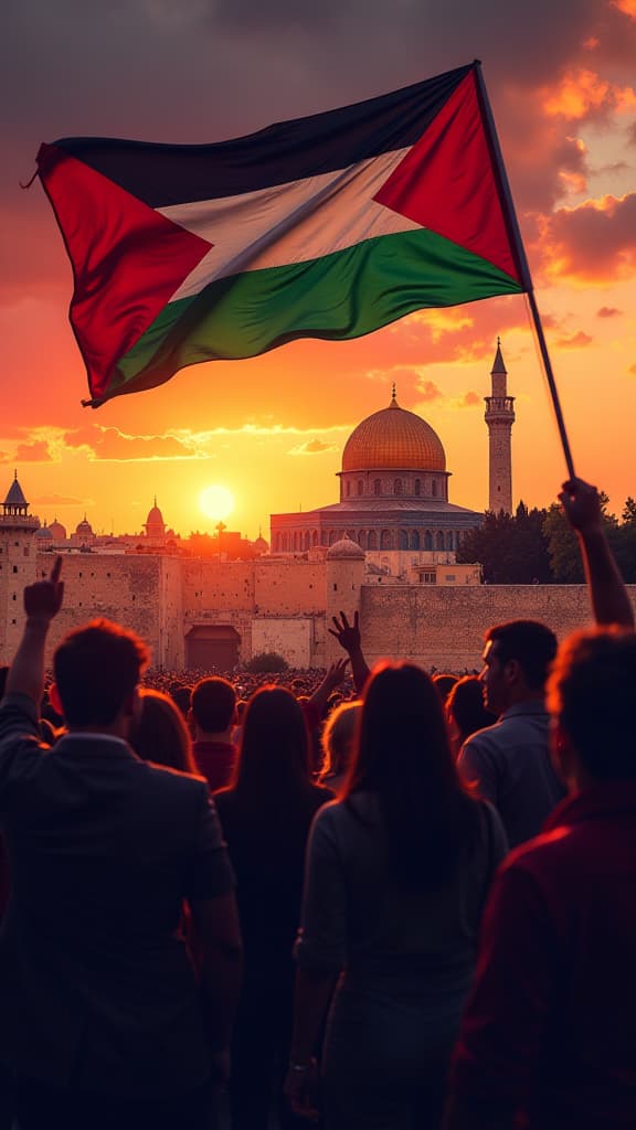  an artistic portrayal commemorating "7 october al aqsa flood," symbolizing victory for the palestinian people. the scene features a vibrant sunset backdrop with rich oranges and purples, and the palestinian flag billowing proudly in the foreground. silhouetted figures of diverse people celebrate together, with a strong sense of unity and hope reflected in their expressions. in the background, the iconic al aqsa mosque stands majestically against the colorful sky, adding a poignant focal point to the tribute.