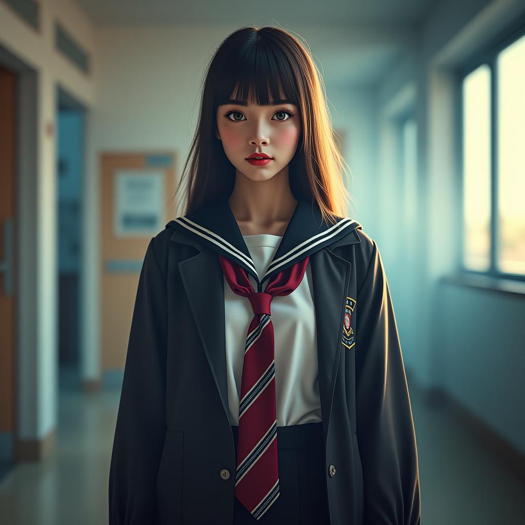  high school student, bully girl, school uniform hyperrealistic, full body, detailed clothing, highly detailed, cinematic lighting, stunningly beautiful, intricate, sharp focus, f/1. 8, 85mm, (centered image composition), (professionally color graded), ((bright soft diffused light)), volumetric fog, trending on instagram, trending on tumblr, HDR 4K, 8K