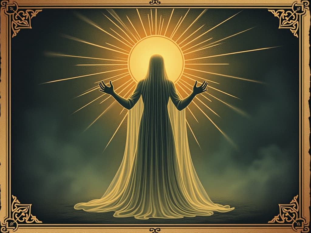  a figure enveloped in luminous light, energy symbols floating around, indicating higher dimensions, radiant, aligned. an illustration in the style of a worn, mystical old tarot trump card, mysterious and elements of surrealism. the colors are muted, somber and eerie, but with contrast bring out an occult and esoteric vibe.