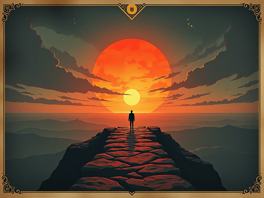  a vast horizon with a glowing sunset, figure standing at the edge, light illuminating the path ahead, leading towards destiny, sense of hope and future. an illustration in the style of a worn, mystical old tarot trump card, mysterious and elements of surrealism. the colors are muted, somber and eerie, but with contrast bring out an occult and esoteric vibe.