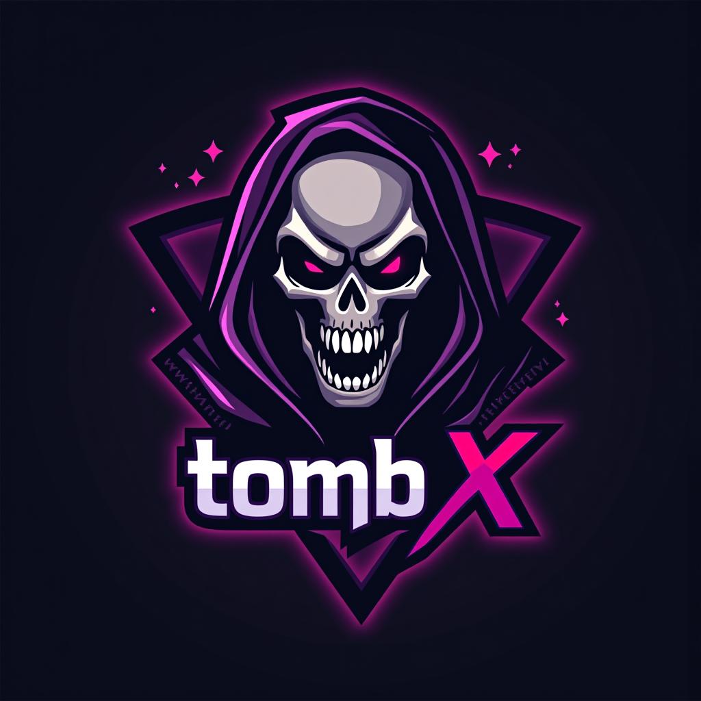  design a logo, esports logo, angry skeleton, black and purple color, with the text 'tomb x '.