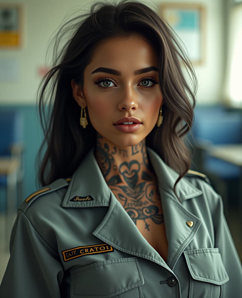  a sharp focus 35mm photo of a 2 old woman, with tattoos all over her body. dark skin, blue eyes, big lips. long hair. clroom. uniform.