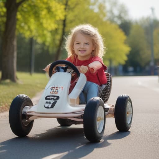 Bild von einem Pedal Gocart mit einem blonden Mädchen darauf