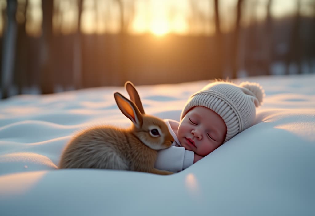  hyperrealistic art a newborn baby sleeps with a bunny in a white snow grave in the winter forest this morning. she's wearing a shirt and a warm hat. the horizon and the fall forest are visible. a warm solar picture. . extremely high resolution details, photographic, realism pushed to extreme, fine texture, incredibly lifelike hyperrealistic, full body, detailed clothing, highly detailed, cinematic lighting, stunningly beautiful, intricate, sharp focus, f/1. 8, 85mm, (centered image composition), (professionally color graded), ((bright soft diffused light)), volumetric fog, trending on instagram, trending on tumblr, HDR 4K, 8K