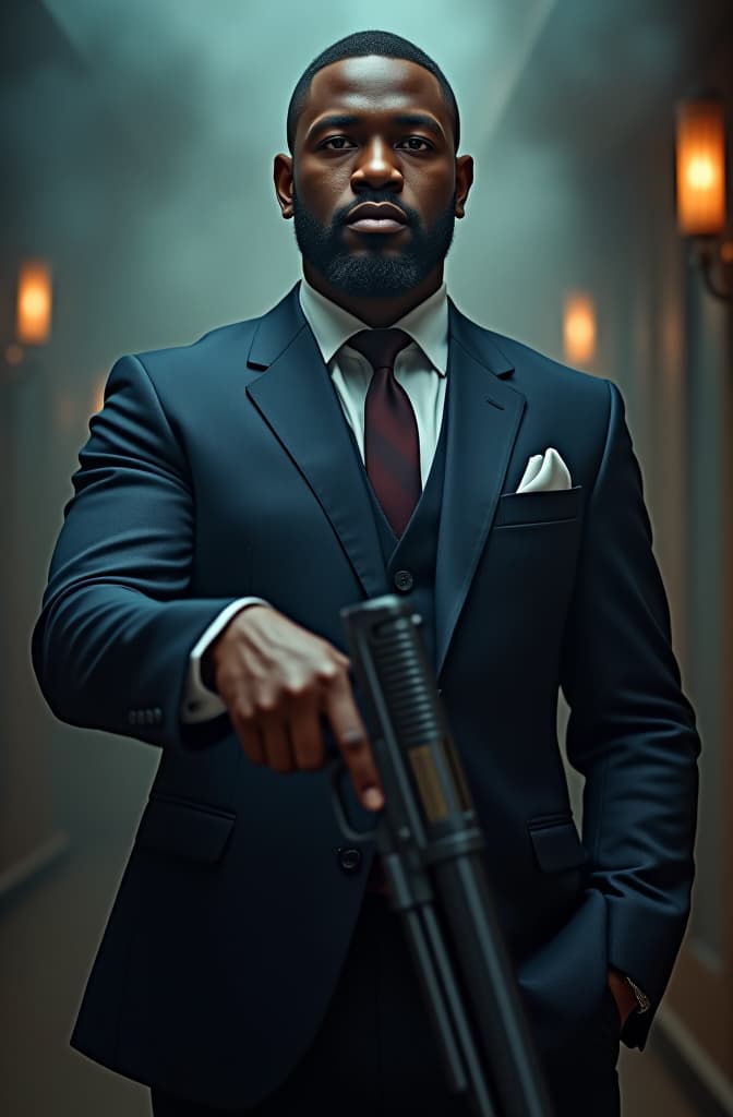  african male lawyer with a gun hyperrealistic, full body, detailed clothing, highly detailed, cinematic lighting, stunningly beautiful, intricate, sharp focus, f/1. 8, 85mm, (centered image composition), (professionally color graded), ((bright soft diffused light)), volumetric fog, trending on instagram, trending on tumblr, HDR 4K, 8K