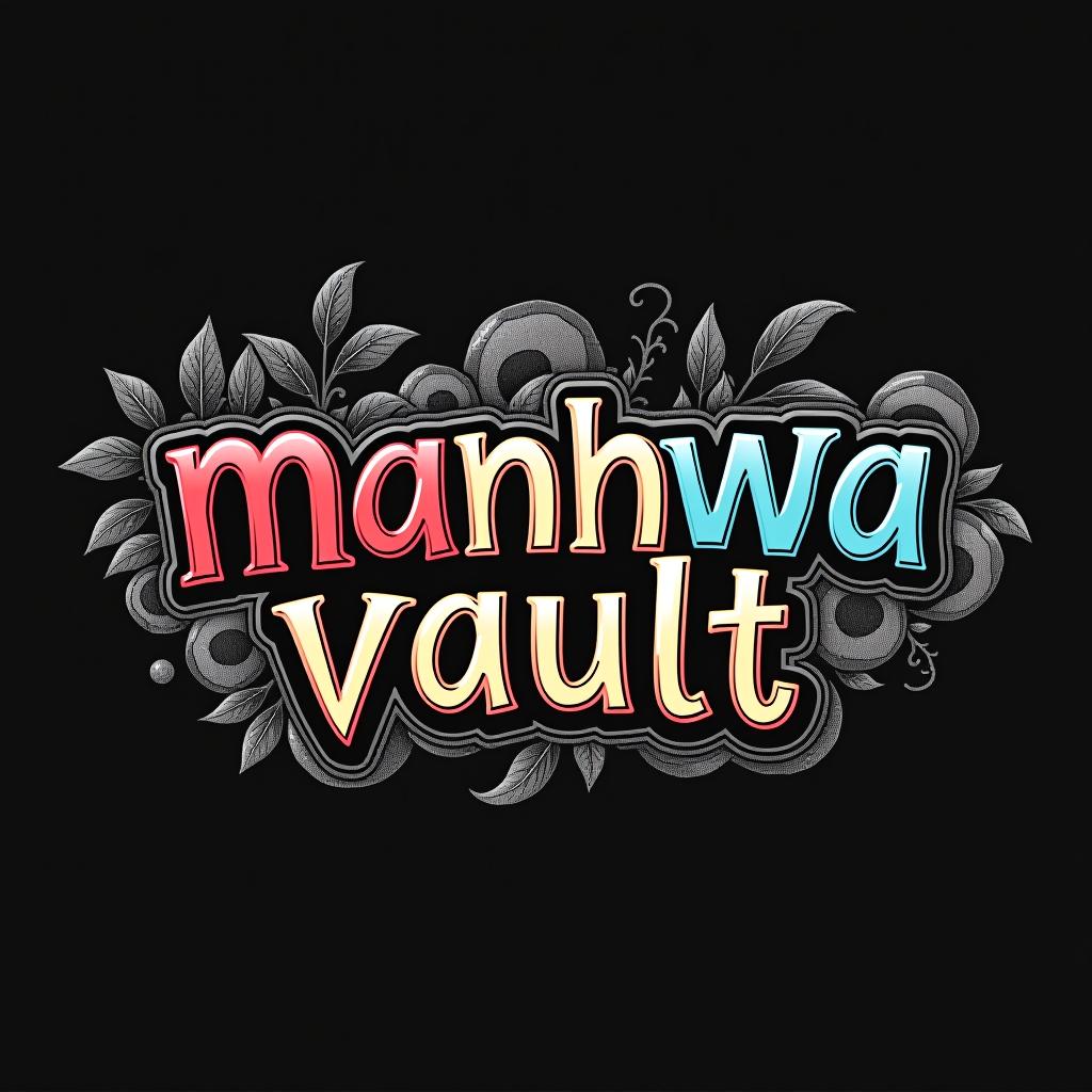  good quality, high quality, the "manhwa vault" logo featuring a manga style hot in a black and white color scheme, with detailed shading and dramatic line work. the font is in a vint, multi colored style, contrasting with the monochrome ilration. the is positioned ly interacting with the letters, adding movement and energy to the design.