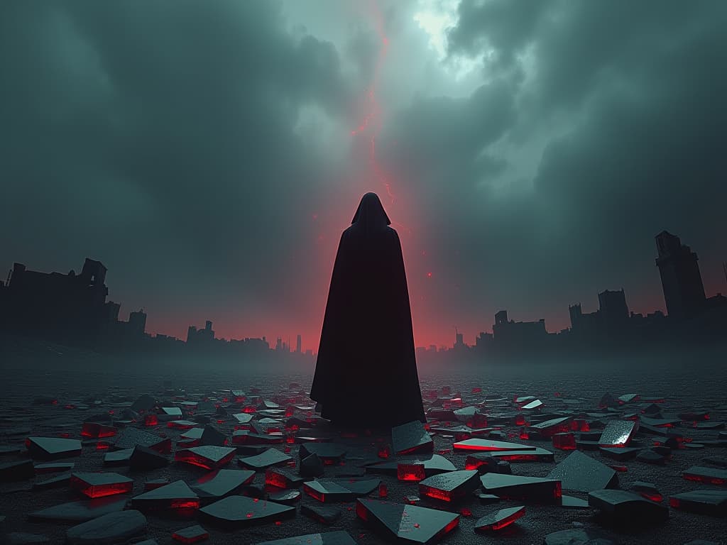  a figure standing in the midst of scattered, shattered glass. the backdrop is a desolate, ruined landscape under a stormy sky. shattered reality, trauma, broken past.. the style is dark fantasy and mysterious occult, symbolic, moody lighting, esoteric vibe,high detail on character design. for the color scheme emphasize blacks and reds.