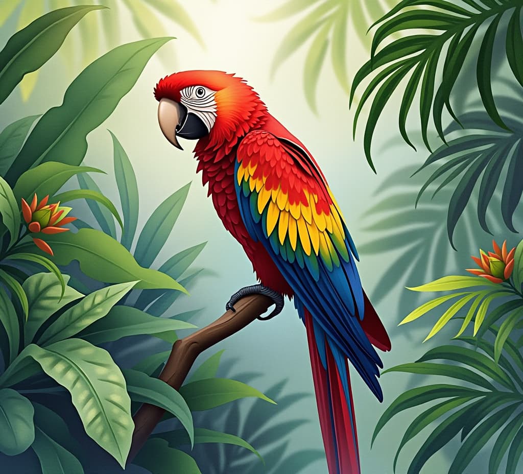  scarlet macaw parrot perched on branch with lush tropical jungle foliage watercolor painting