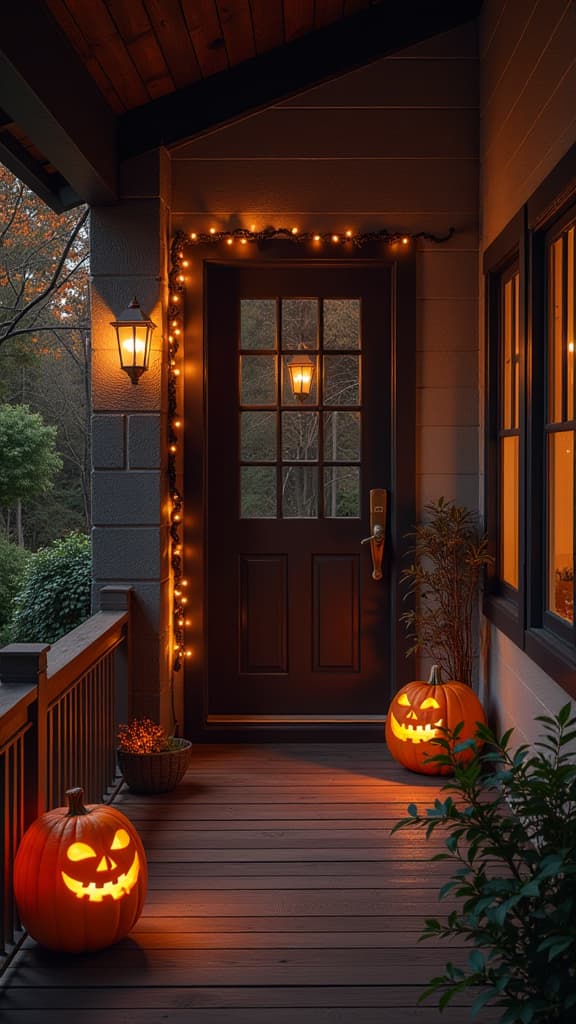  real estate photography style halloween interior with pumpkin of a private house, modern cozy style, glow garland ar 9:16 . professional, inviting, well lit, high resolution, property focused, commercial, highly detailed