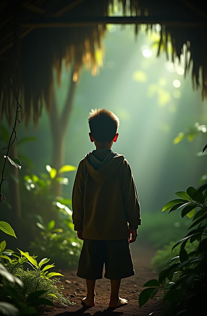  a boy in a hut surrounded by jungle hyperrealistic, full body, detailed clothing, highly detailed, cinematic lighting, stunningly beautiful, intricate, sharp focus, f/1. 8, 85mm, (centered image composition), (professionally color graded), ((bright soft diffused light)), volumetric fog, trending on instagram, trending on tumblr, HDR 4K, 8K