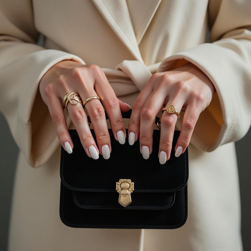  women's hands with beautiful nail polish and rings hold a small black bag