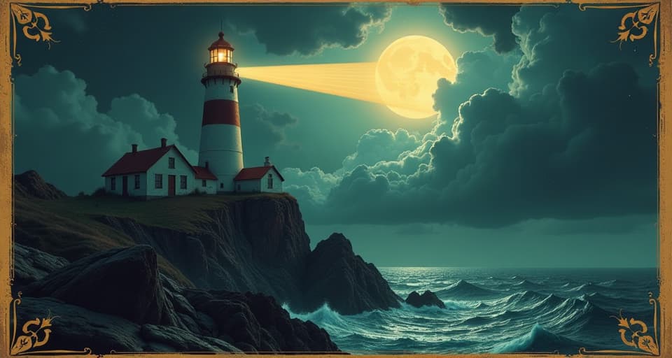  a strong, towering lighthouse on a cliff, radiant beam cutting through a stormy night, guiding light, resilience, clarity amidst chaos. an illustration in the style of a worn, mystical old tarot trump card, mysterious and elements of surrealism. the colors are muted, somber and eerie, but with contrast bring out an occult and esoteric vibe.