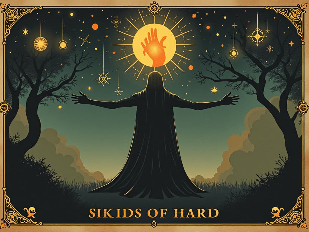  a figure shaped by hardships, surrounded by glowing symbols of depth and insight, cosmic, profound, enlightening. an illustration in the style of a worn, mystical old tarot trump card, mysterious and elements of surrealism. the colors are muted, somber and eerie, but with contrast bring out an occult and esoteric vibe.