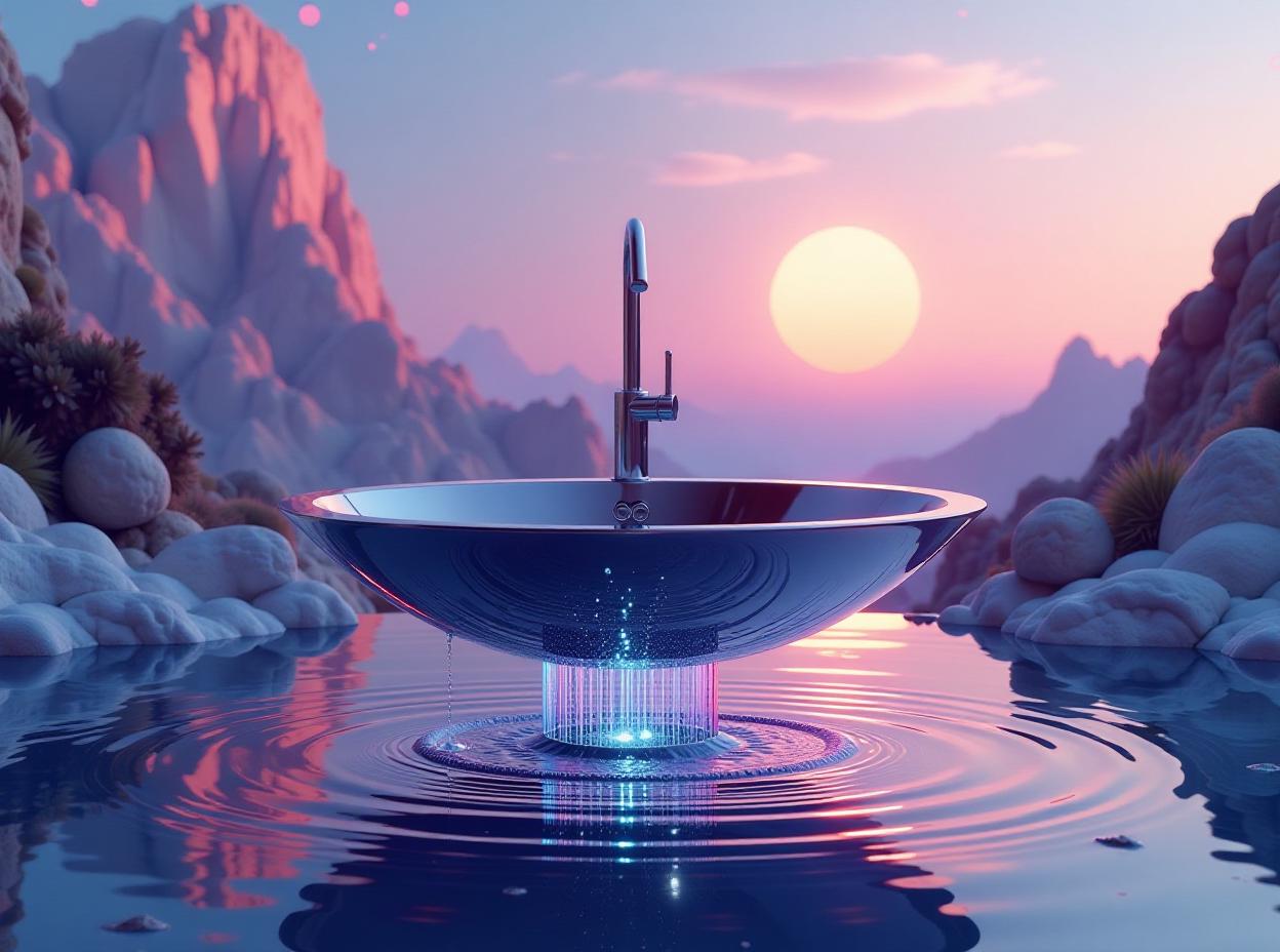  create a image featuring a sleek, modern stainless steel countertop sink, floating in an abstract, surreal environment. the sink is suspended in mid air, surrounded by a futuristic landscape filled with floating geometric shapes, soft neon lights, and reflective surfaces. below the sink is a surface of liquid mercury, with ripples forming as though water is falling into it from the sink. the sky is a blend of twilight colors—deep purples, blues, and glowing oranges. the overall atmosphere is otherworldly, blending elements of futuristic design and abstract art, with the countertop sink as the focal point, reflecting the ambient light and textures around it., high quality, high details, hd, perfect composition, 4k epic detailed, highly det