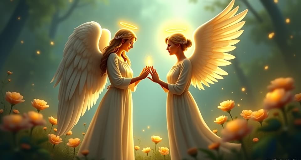  a serene scene of an angel with a radiant halo anointing an individual with glowing oil. the person's entire being seems to shimmer with divine energy. they stand in an enchanted garden surrounded by luminous flowers, symbolizing the holy spirit and divine equipping.. the style is digital art illustration,highly detailed, whimsical,magical, dreamlike atmosphere, realism and fantasy blend, smooth, glossy textures,luminous quality, wonder and enchantment.