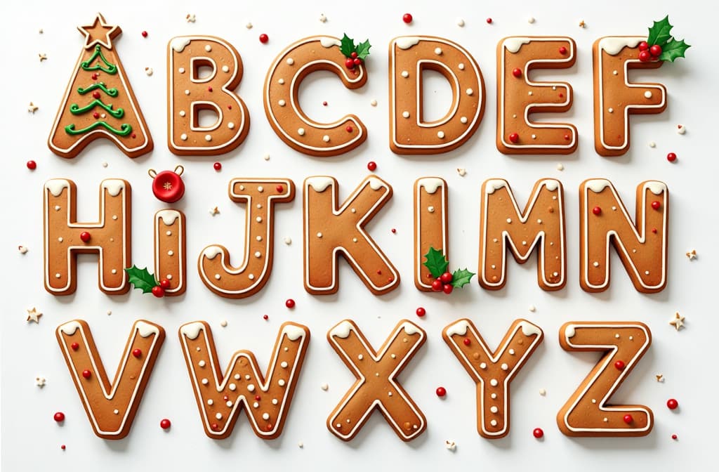  christmas gingerbread cookies alphabet with figures. biscuit letters, characters for xmas messages and design. vector illustration with decorations 3:2 ar 3:2 {prompt}, maximum details