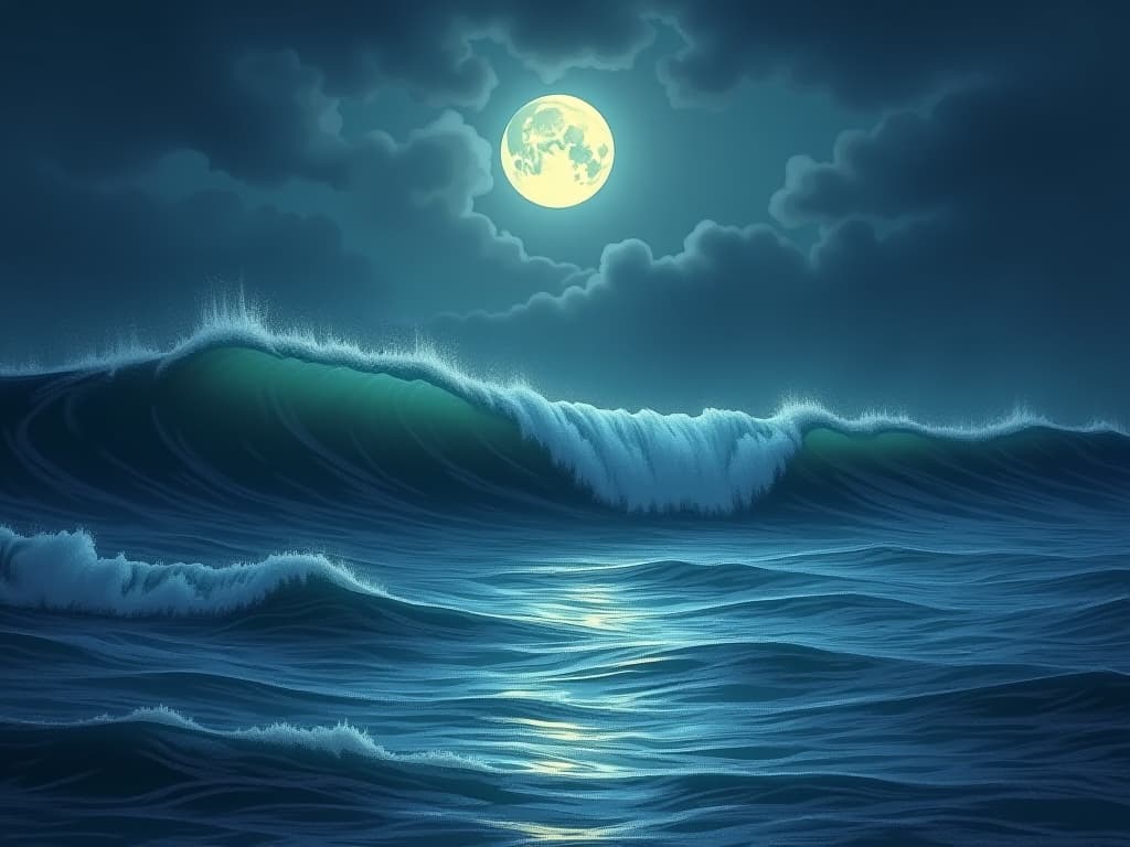  ancient, mystical sea previously violent with turbulent waves, now transitioning into a tranquil state. a faint glow of moonlight reflecting on the peaceful water surfaces, signifying the calming of chaos.. the style is digital art illustration,highly detailed, whimsical,magical, dreamlike atmosphere, realism and fantasy blend, smooth, glossy textures,luminous quality, wonder and enchantment.