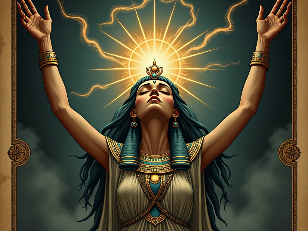  ancient egyptian goddess isis, eyes closed, arms stretched upward, energy swirling around her, spiritual resuscitation, divine interface. an illustration in the style of a worn, mystical old tarot trump card, mysterious and elements of surrealism. the colors are muted, somber and eerie, but with contrast bring out an occult and esoteric vibe.