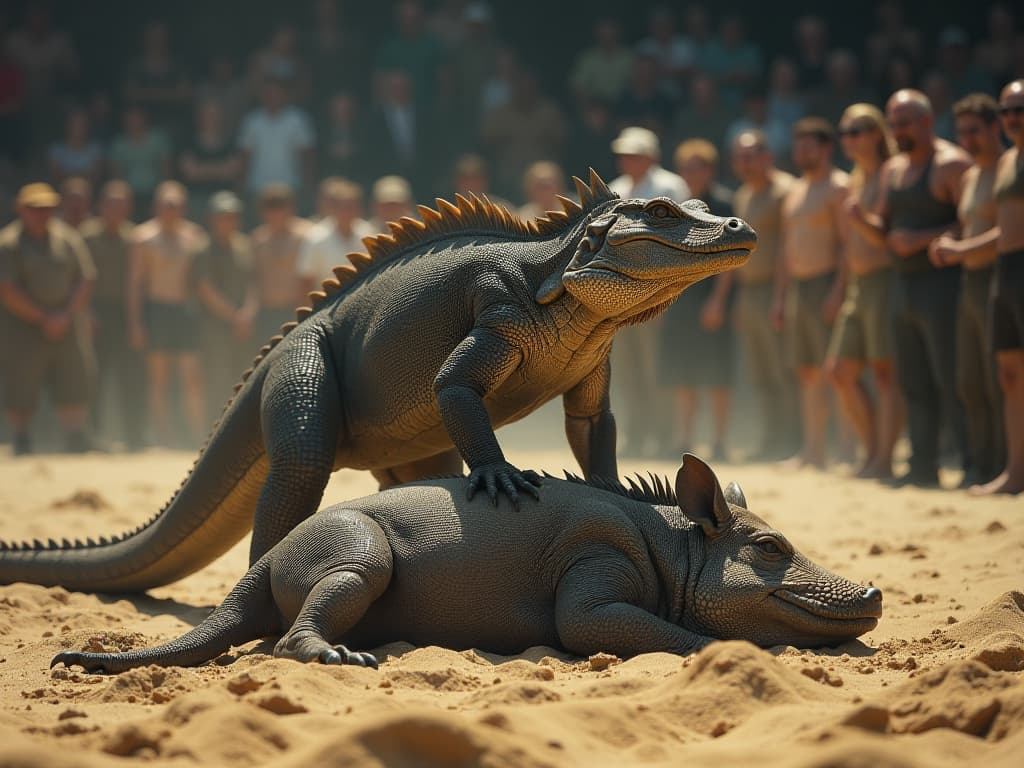  : the victorious komodo dragon stands over the wild boar, which lies exhausted in the sand, as the crowd roars in approval. camera settings: iso 200, f/5.6, 1/1000 sec. hyperrealistic, full body, detailed clothing, highly detailed, cinematic lighting, stunningly beautiful, intricate, sharp focus, f/1. 8, 85mm, (centered image composition), (professionally color graded), ((bright soft diffused light)), volumetric fog, trending on instagram, trending on tumblr, HDR 4K, 8K