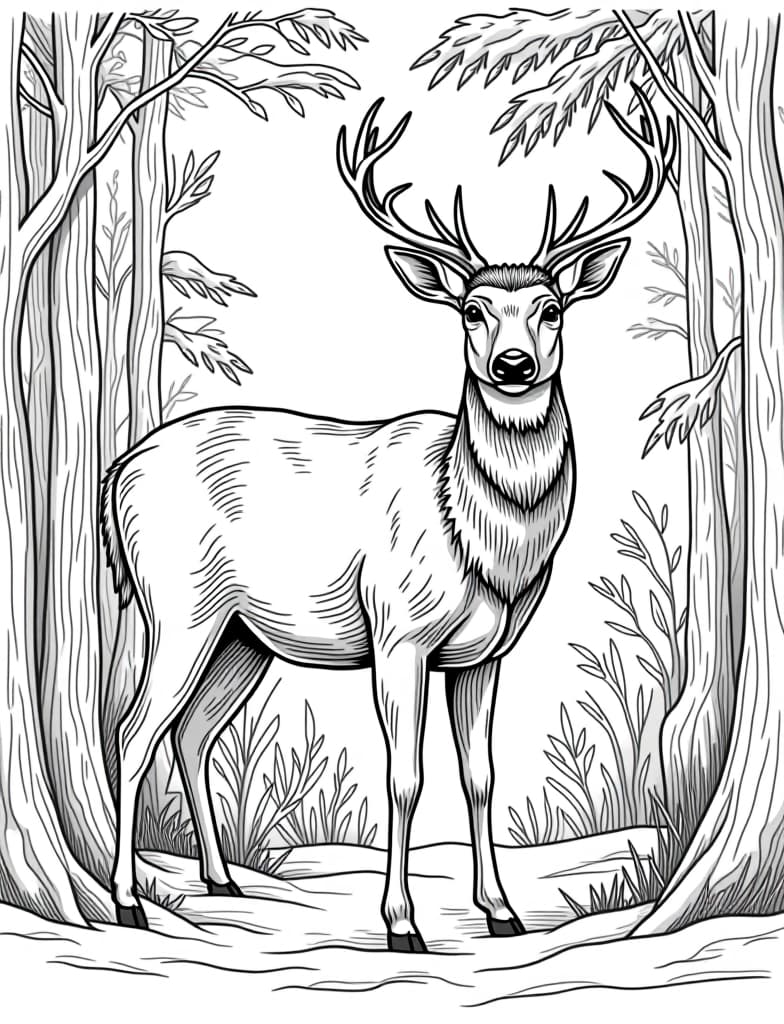  this is for an adult coloring page. a detailed black and white line art of a snowy deer standing in the snow near a forest edge on a solid white background.