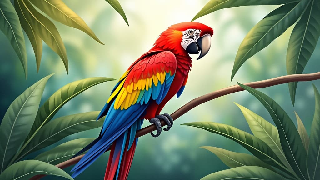  scarlet macaw parrot perched on branch with lush tropical jungle foliage watercolor painting