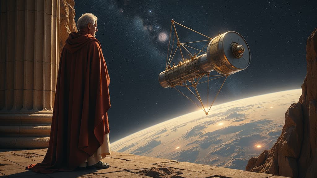  prompt: create a hyper realistic image capturing the essence of euclid's geometry and the euclid mission's exploration of the dark universe. the scene should feature euclid of alexandria overseeing a complex geometric structure reminiscent of his mathematical principles. in the background, the european space telescope euclid should be prominently displayed, symbolizing the mission's goal of investigating dark matter and dark energy. include intricate mathematical theorems and proofs floating in