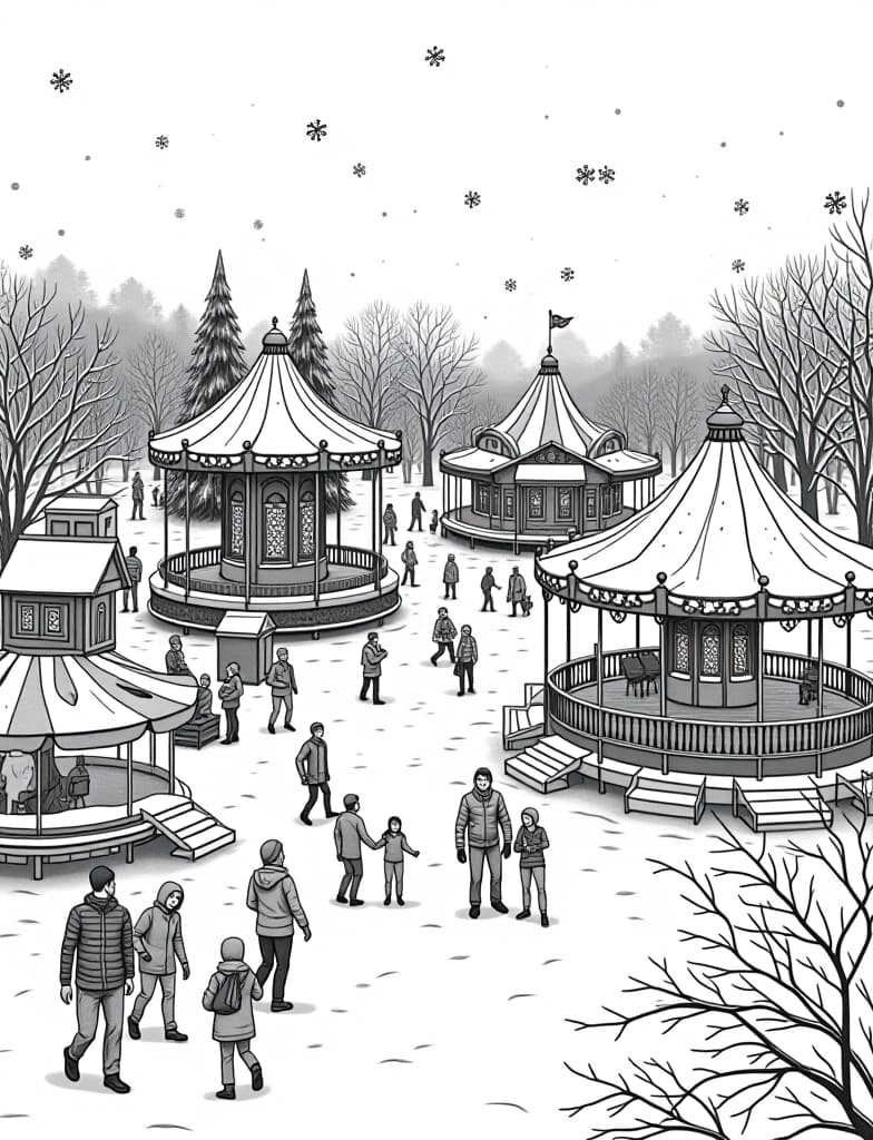  this is for an adult coloring page. a detailed black and white line art of a snowy winter carnival with people enjoying rides and games in the snow on a solid white background.