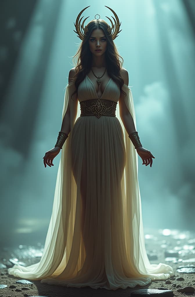  the goddess persephone hyperrealistic, full body, detailed clothing, highly detailed, cinematic lighting, stunningly beautiful, intricate, sharp focus, f/1. 8, 85mm, (centered image composition), (professionally color graded), ((bright soft diffused light)), volumetric fog, trending on instagram, trending on tumblr, HDR 4K, 8K