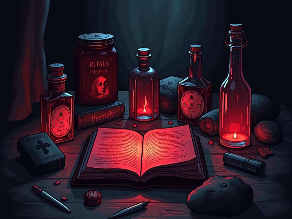  collection of items, glowing faintly, each radiating painful memories, haloed by a ghostly light, essence of past trauma. the style is digital art illustration / modern comic book / graphic dark novel fantasy and mysterious occult, symbolic, moody lighting, esoteric vibe,high detail on character design. for the color scheme emphasize blacks and reds.