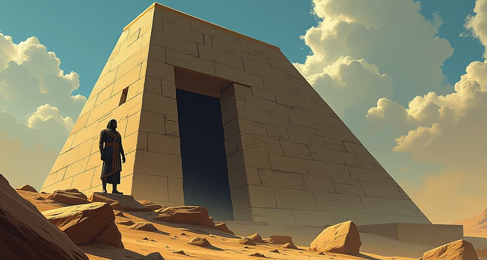  granite monument showing relentless spirit, chiseling away at self doubt, hard work defying odds. the style is digital art illustration / modern comic book / mysterious occult, symbolic, esoteric vibe,high detail on character design, incorporating ancient egyptian symbology and attire.