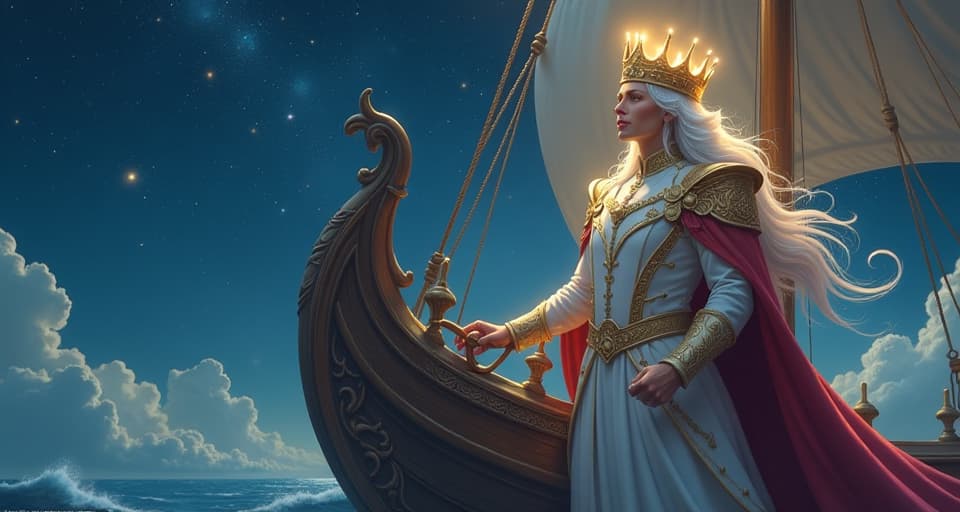  a regal figure with a luminous crown standing at the helm of a magical ship, navigating through starry skies. the figure is poised and confident, fully aligned with their purpose, guiding their journey with grace.. the style is digital art illustration,highly detailed, whimsical,magical, dreamlike atmosphere, realism and fantasy blend, smooth, glossy textures,luminous quality, wonder and enchantment.