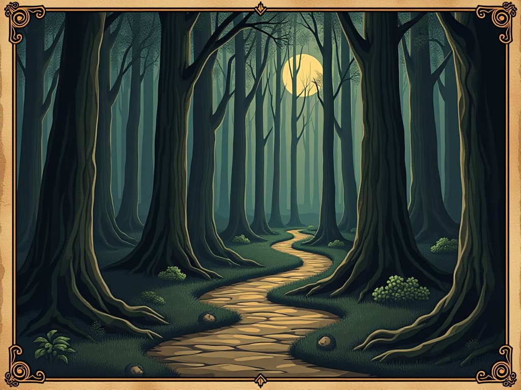  maze like forest with narrow paths winding through tall trees, moonlight casting elongated shadows, sense of exploration, discovery. an illustration in the style of a worn, mystical old tarot trump card, mysterious and elements of surrealism. the colors are muted, somber and eerie, but with contrast bring out an occult and esoteric vibe.