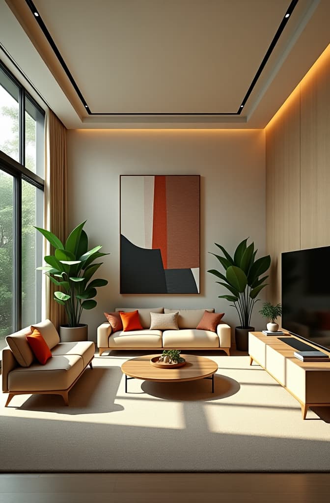  interior of luxury condominium with minimalist furniture and lush house plants and abstract wall paintings | modern architecture by makoto shinkai, ilya kuvshinov, lois van baarle, rossdraws and frank lloyd wright. hyperrealistic, full body, detailed clothing, highly detailed, cinematic lighting, stunningly beautiful, intricate, sharp focus, f/1. 8, 85mm, (centered image composition), (professionally color graded), ((bright soft diffused light)), volumetric fog, trending on instagram, trending on tumblr, HDR 4K, 8K