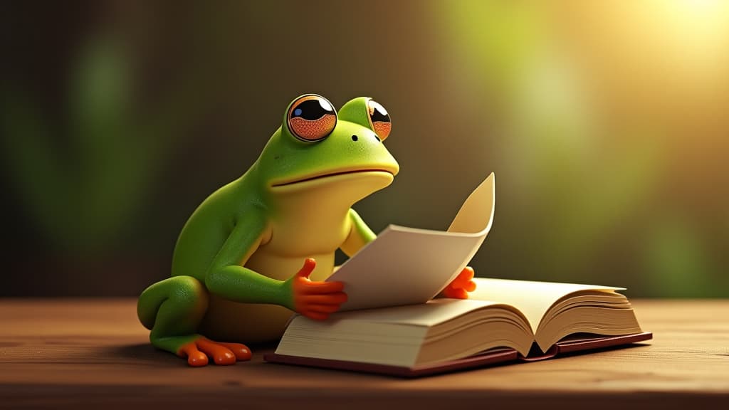  a funny frog reading book on wooden table. created with genera