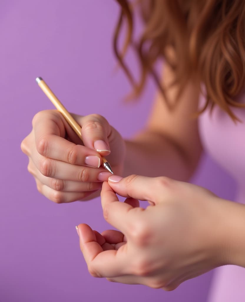  hdr photo of a woman applies a small amount of perfume on her wrist, hands, small pencil, applique, close up, on a lilac background . high dynamic range, vivid, rich details, clear shadows and highlights, realistic, intense, enhanced contrast, highly detailed