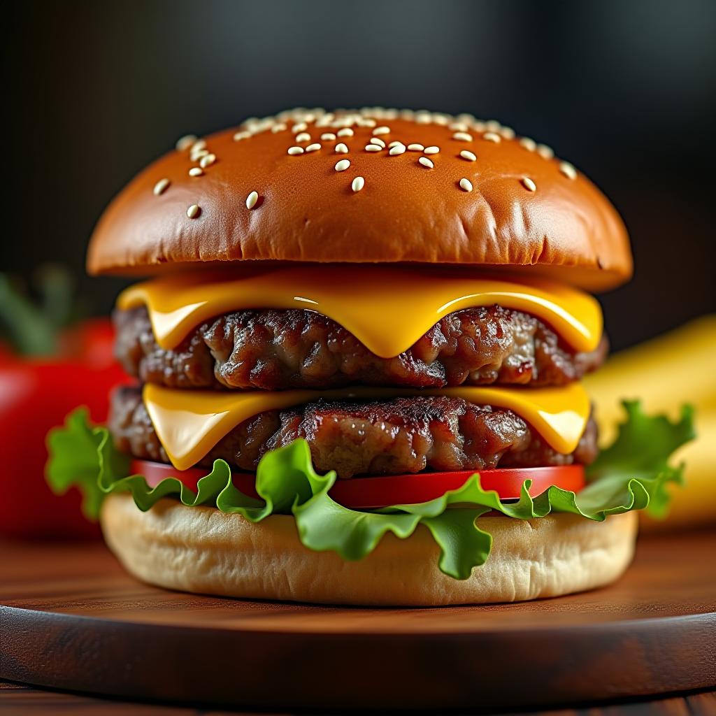  a delicious burger with juicy patties, fresh vegetables and melted cheese, stock photo style , high quality , photography, detailed skin, realistic, photo realistic, 8k, highly detailed, high detail raw, diffused soft lighting, sharp focus, hyperrealism, captured with a canon eos r5 camera and a rf 50mm