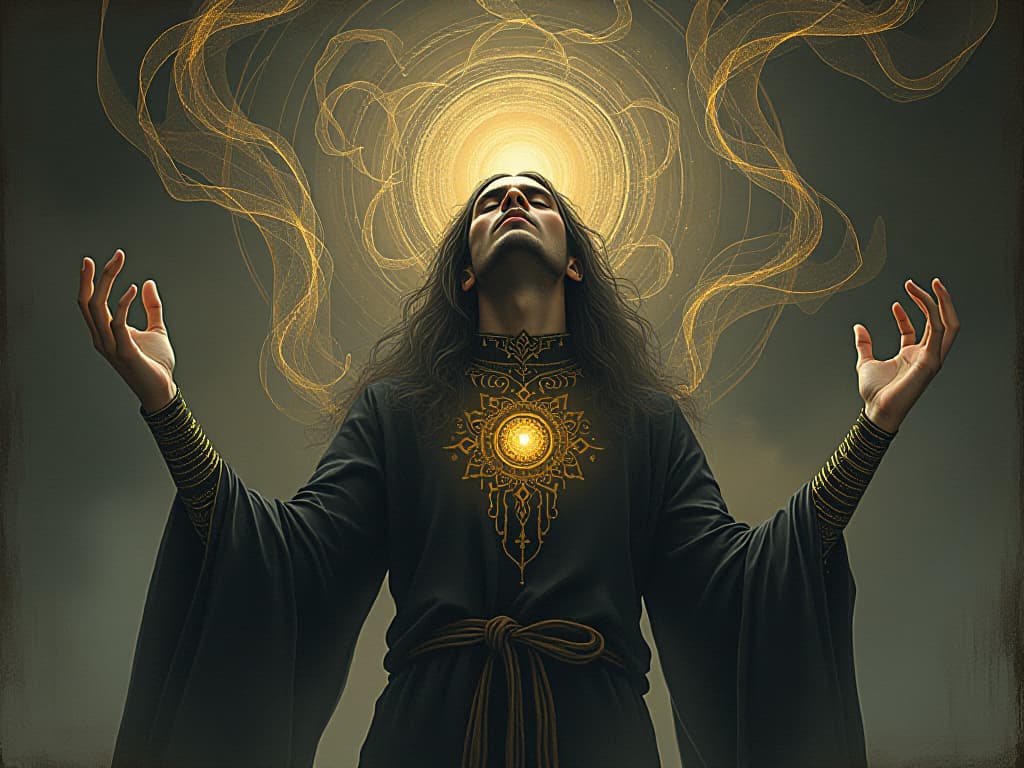  a figure surrounded by swirling light patterns, each revelation adding to the aura, face reflecting confidence and understanding, luminous and empowering. an illustration in the style of a worn, mystical old tarot trump card, mysterious and elements of surrealism. the colors are muted, somber and eerie, but with contrast bring out an occult and esoteric vibe.