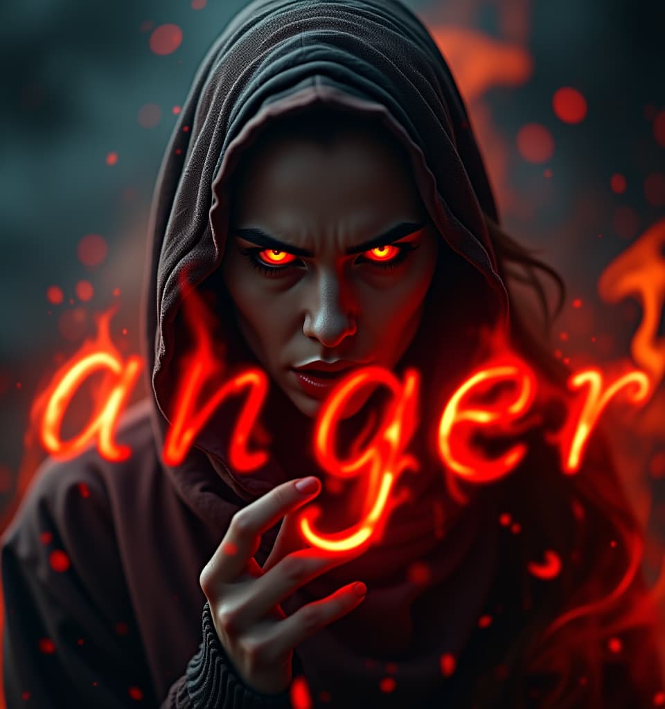  abstract image conveying the emotion of anger black background. red fire evil glowing eyes, angry woman, ultra high definition rendering, photorealistic textures, dynamic and dramatic lighting dissolving colors. dissolution of textures. interpenetration of layers and textures. cinematic composition, radiant and fiery aura, bright and ethereal energy. large fire letters across the woman, "anger". hyperrealistic, full body, detailed clothing, highly detailed, cinematic lighting, stunningly beautiful, intricate, sharp focus, f/1. 8, 85mm, (centered image composition), (professionally color graded), ((bright soft diffused light)), volumetric fog, trending on instagram, trending on tumblr, HDR 4K, 8K