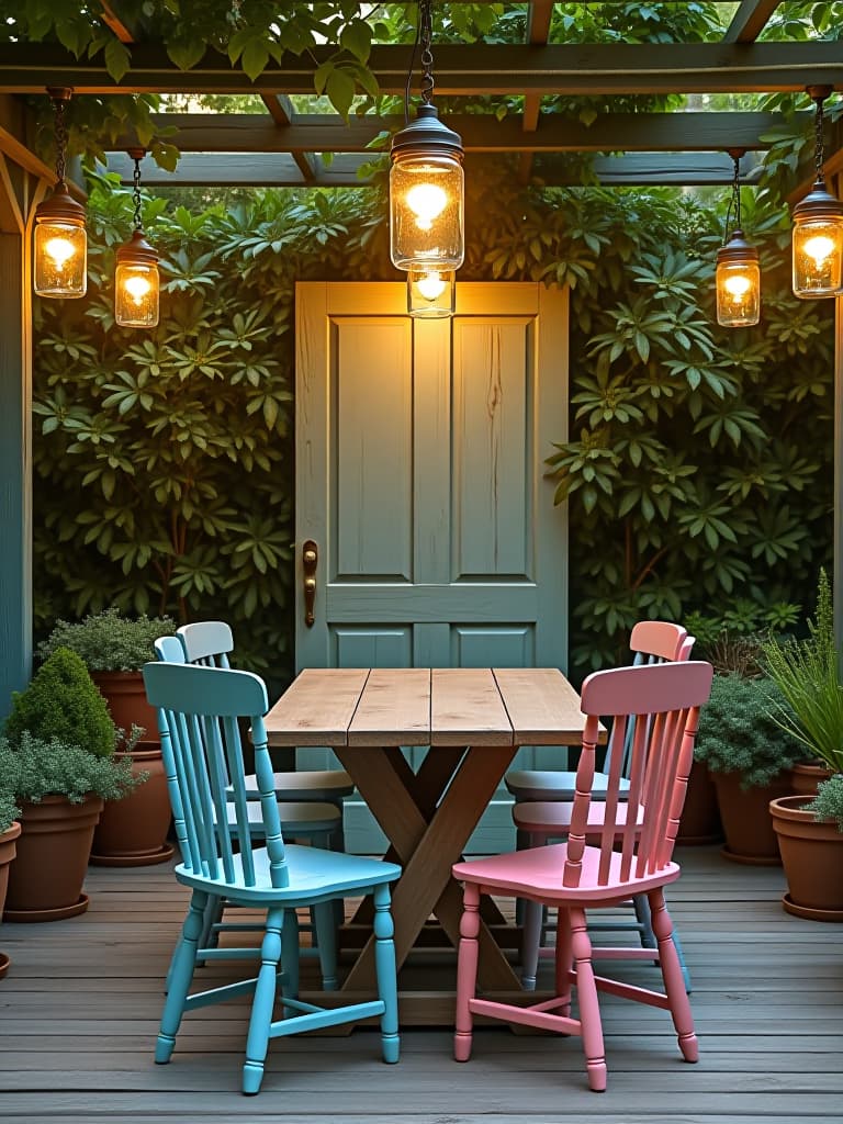  high quality portrait photo of a rustic outdoor dining area featuring a repurposed wooden door as a table, mismatched vintage chairs painted in pastel colors, and mason jar lanterns hanging from a pergola hyperrealistic, full body, detailed clothing, highly detailed, cinematic lighting, stunningly beautiful, intricate, sharp focus, f/1. 8, 85mm, (centered image composition), (professionally color graded), ((bright soft diffused light)), volumetric fog, trending on instagram, trending on tumblr, HDR 4K, 8K