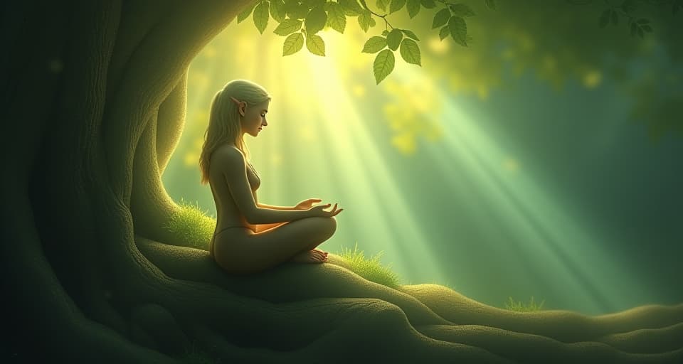  calm, serene elf seated on a glowing, ancient tree root; eyes closed, focusing on breath amidst ethereal light rays streaming through delicate leaves above.. the style is digital art illustration,highly detailed, whimsical,magical, dreamlike atmosphere, realism and fantasy blend, smooth, glossy textures,luminous quality, wonder and enchantment.