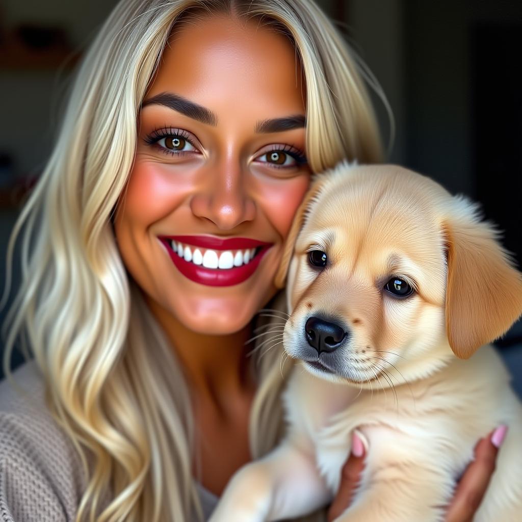  a woman with tan olive skin and long platinum blonde hair with red lipstick and brown eyes smiling with a puppy