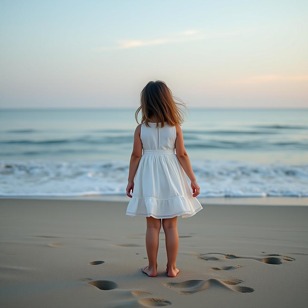  the girl is standing facing the camera on the shore in a white dress.