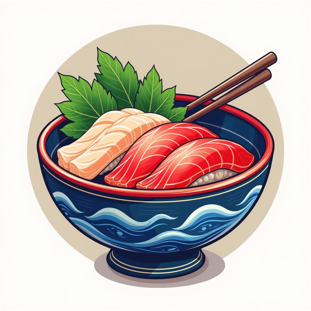  japanese style logo of a sushi restaurant, a sashimi bowl with blue waves