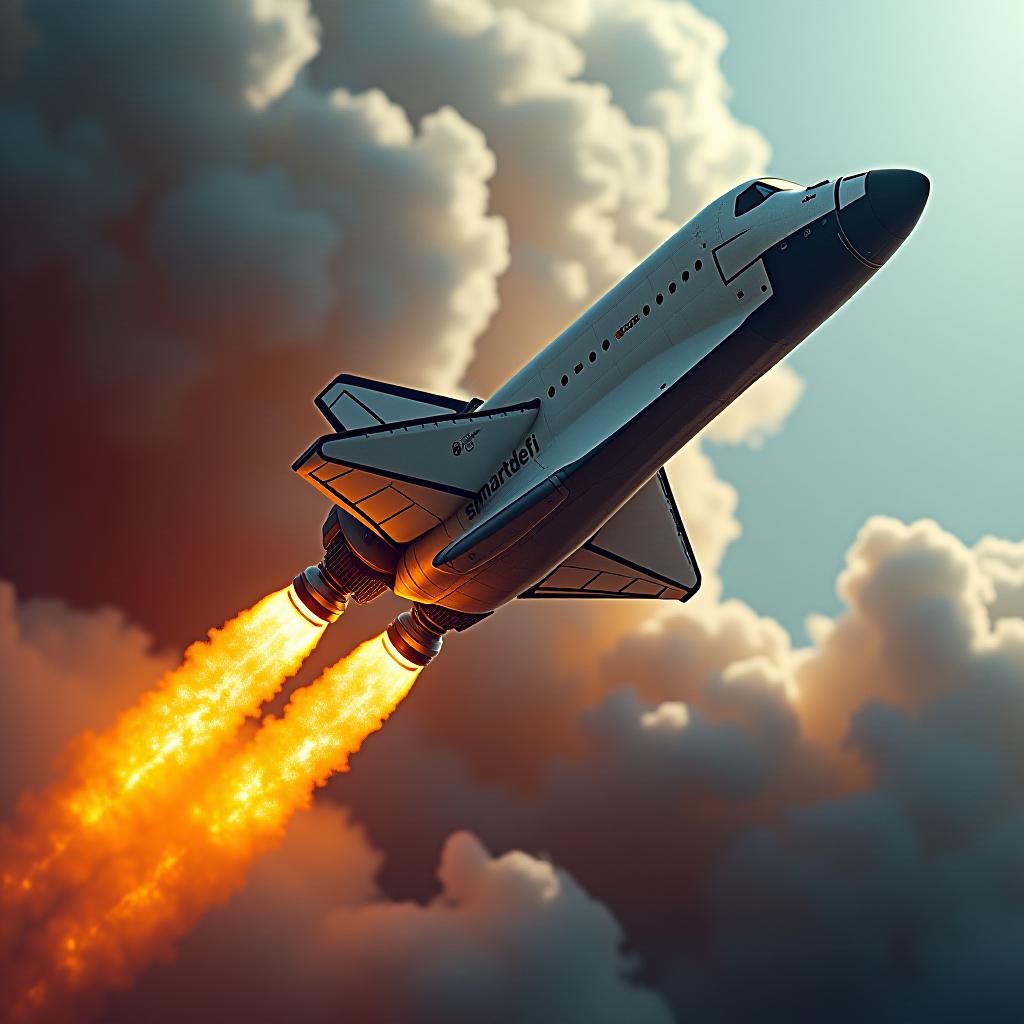  a photorealistic photograph taken with the best professional photo camera of a space shuttle taking of. fire and smoke swallow the platform that is below the shuttle as it starts taking off. on the side of the space shuttle the phrase "join the evolution smartdefi embrace the revolution" is written in a proper and clear manner hyperrealistic, full body, detailed clothing, highly detailed, cinematic lighting, stunningly beautiful, intricate, sharp focus, f/1. 8, 85mm, (centered image composition), (professionally color graded), ((bright soft diffused light)), volumetric fog, trending on instagram, trending on tumblr, HDR 4K, 8K