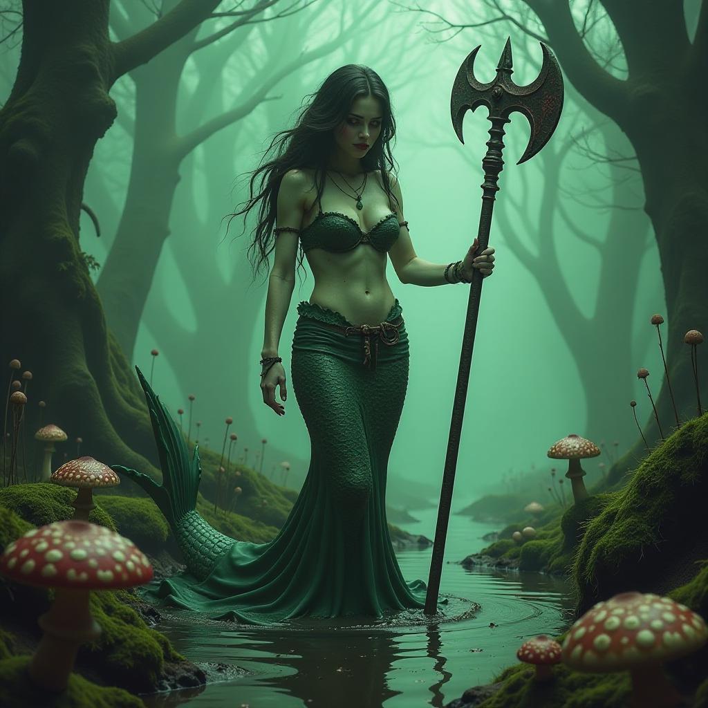  macabre style a mermaid with a rusty old halberd in her hands, with a swamp with bones, mushrooms, mud, green fog, looks evilly . dark, gothic, grim, haunting, highly detailed