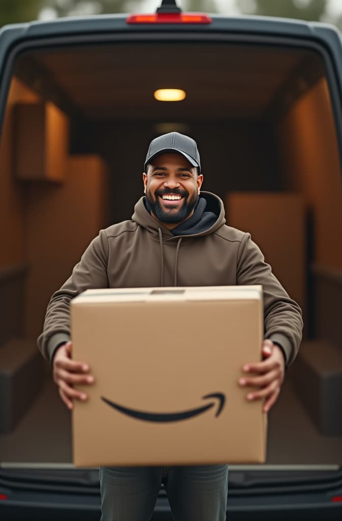  man smiling at the camera loading boxes from a amazon sprinter van full length of van visible youtube thumbnail style daylight hyperrealistic, full body, detailed clothing, highly detailed, cinematic lighting, stunningly beautiful, intricate, sharp focus, f/1. 8, 85mm, (centered image composition), (professionally color graded), ((bright soft diffused light)), volumetric fog, trending on instagram, trending on tumblr, HDR 4K, 8K