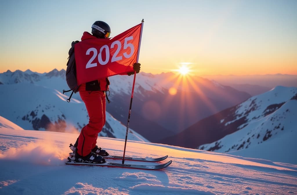  close up, stock photo of a skier holding a flag with "2025" on it at the top of a snowy mountain, sunrise in the background, dynamic lighting {prompt}, maximum details