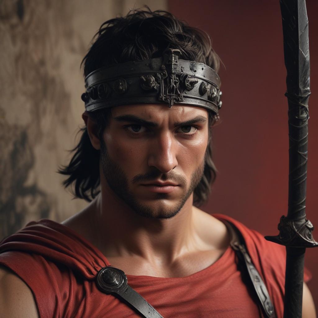 A tense scene capturing Achilles' face as he holds the weapons, a mix of realization and defiance in his eyes, the weight of his true identity sinking in, set against a backdrop of uncertainty and conflicting emotions, shot with dramatic lighting to enhance the mood"in the style of classical Greek pottery art, with intricate black figures on a red background, depicting mythological scenes with a focus on gods and heroes, using a limited color palette of red, black, and white"This image is a breathtaking painting that captures the magical scene with vivid detail. The overall composition is spellbinding, showcasing a perfect harmony. photorealism fantasy, unreal engine 5, concept hyperrealistic, full body, detailed clothing, highly detailed, cinematic lighting, stunningly beautiful, intricate, sharp focus, f/1. 8, 85mm, (centered image composition), (professionally color graded), ((bright soft diffused light)), volumetric fog, trending on instagram, trending on tumblr, HDR 4K, 8K