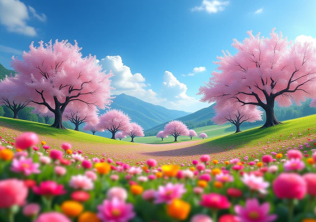  in the spring valley, cherry blossoms bloom, and colorful flowers complement each other with the blue sky