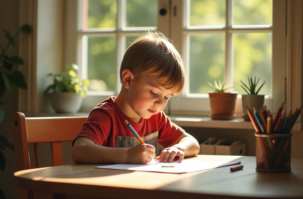  professional detailed photography, boy sitting at table drawing with colored pencils in cozy children's room, sunny day ar 3:2, (muted colors, dim colors, soothing tones), (vsco:0.3)